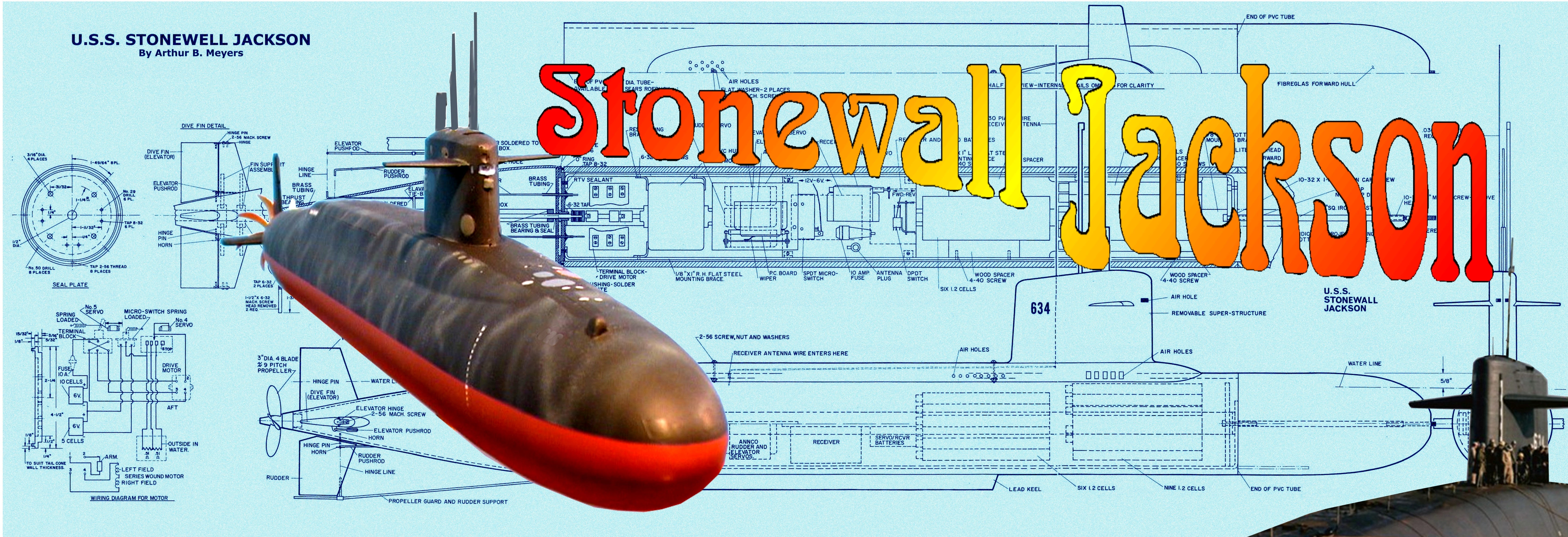 full size printed plans & build notes to build a semi scale 1:96 radio control submerging stonewall jackson submarine