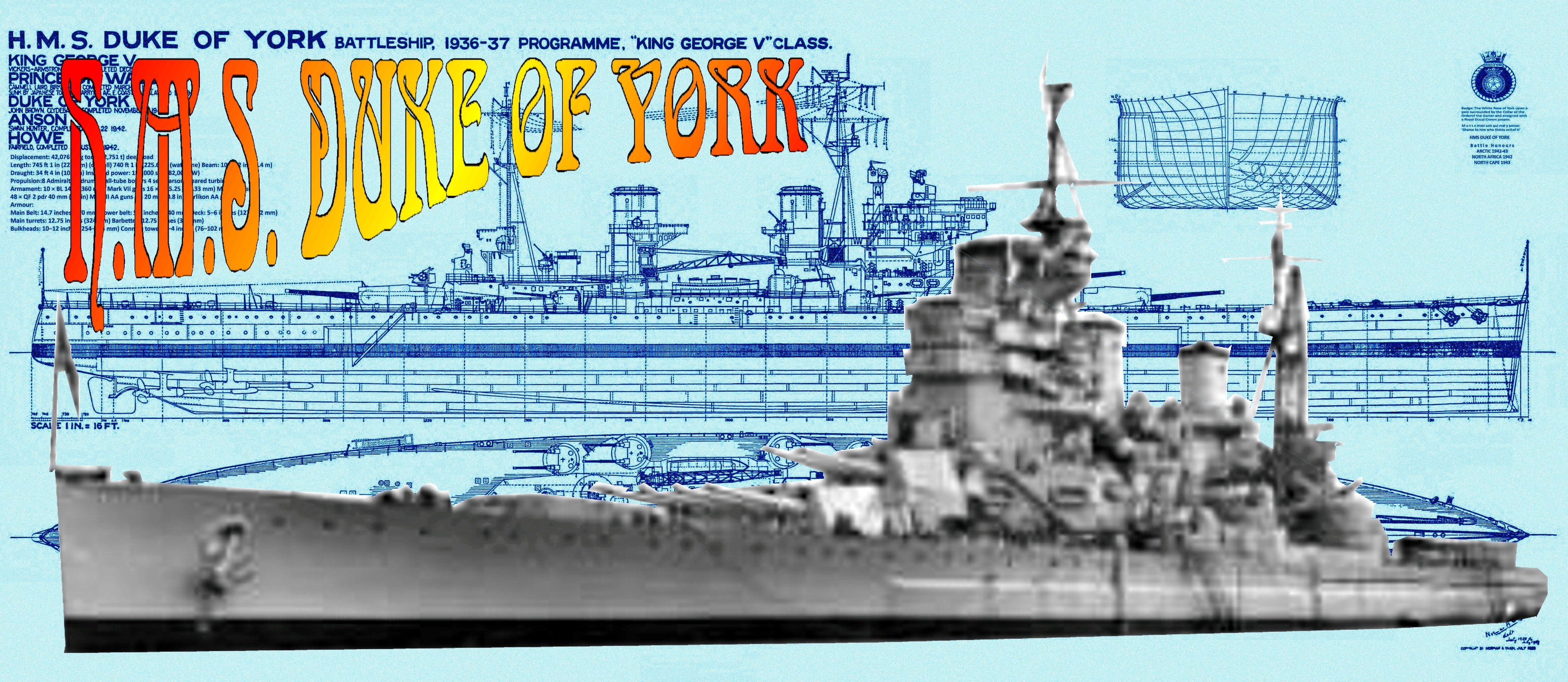 full size printed 1:192 scale drawing  british battleship h.m.s. duke of york with article