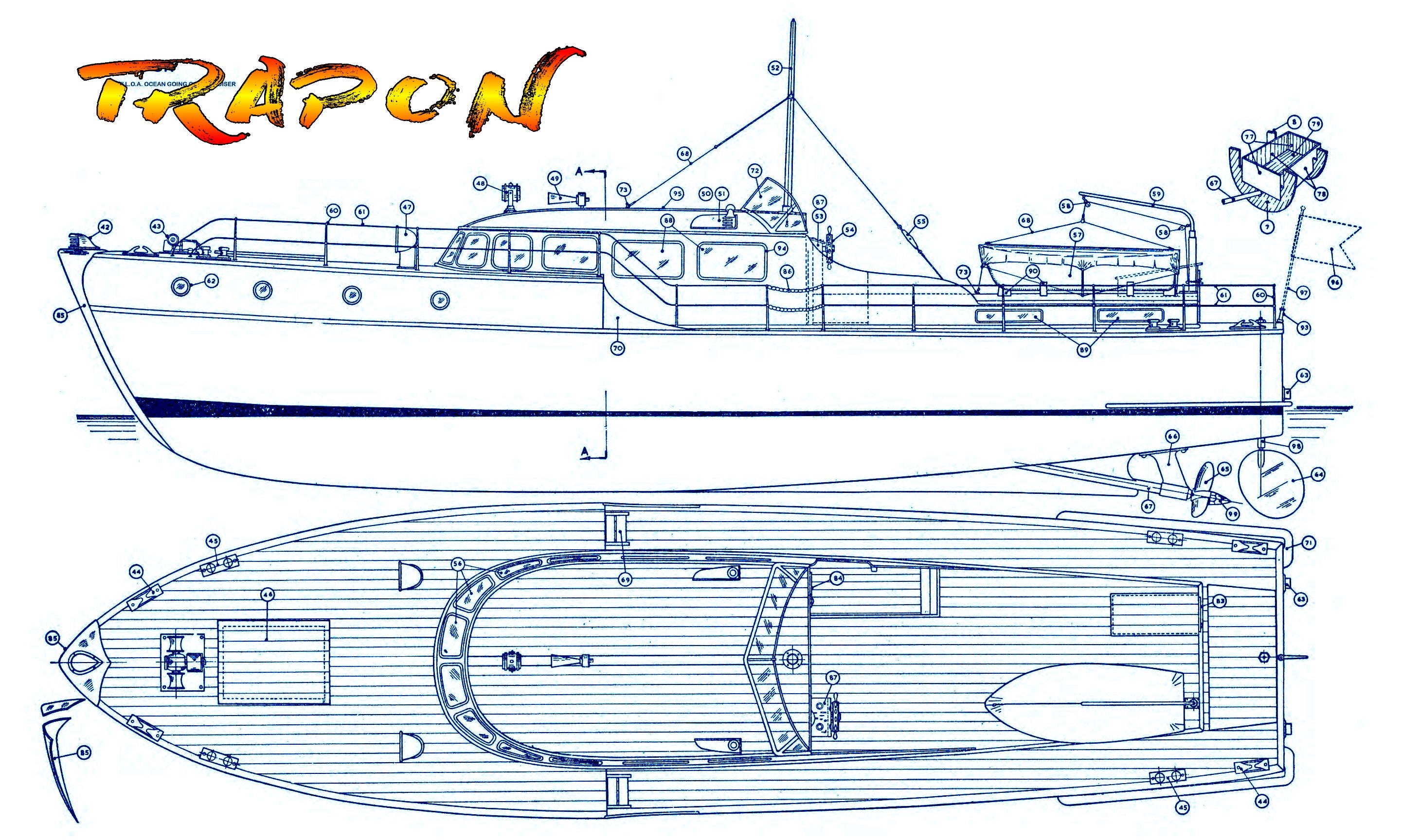 full size printed plan to build a  italian-designed cabin cruiser scale 5/8"=1ft 35" for radio control