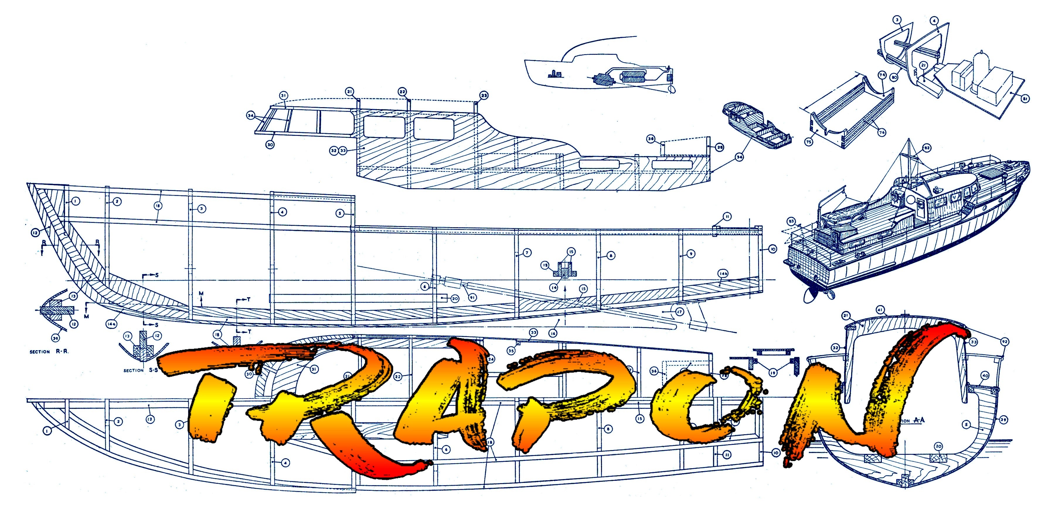 full size printed plan to build a  italian-designed cabin cruiser scale 5/8"=1ft 35" for radio control