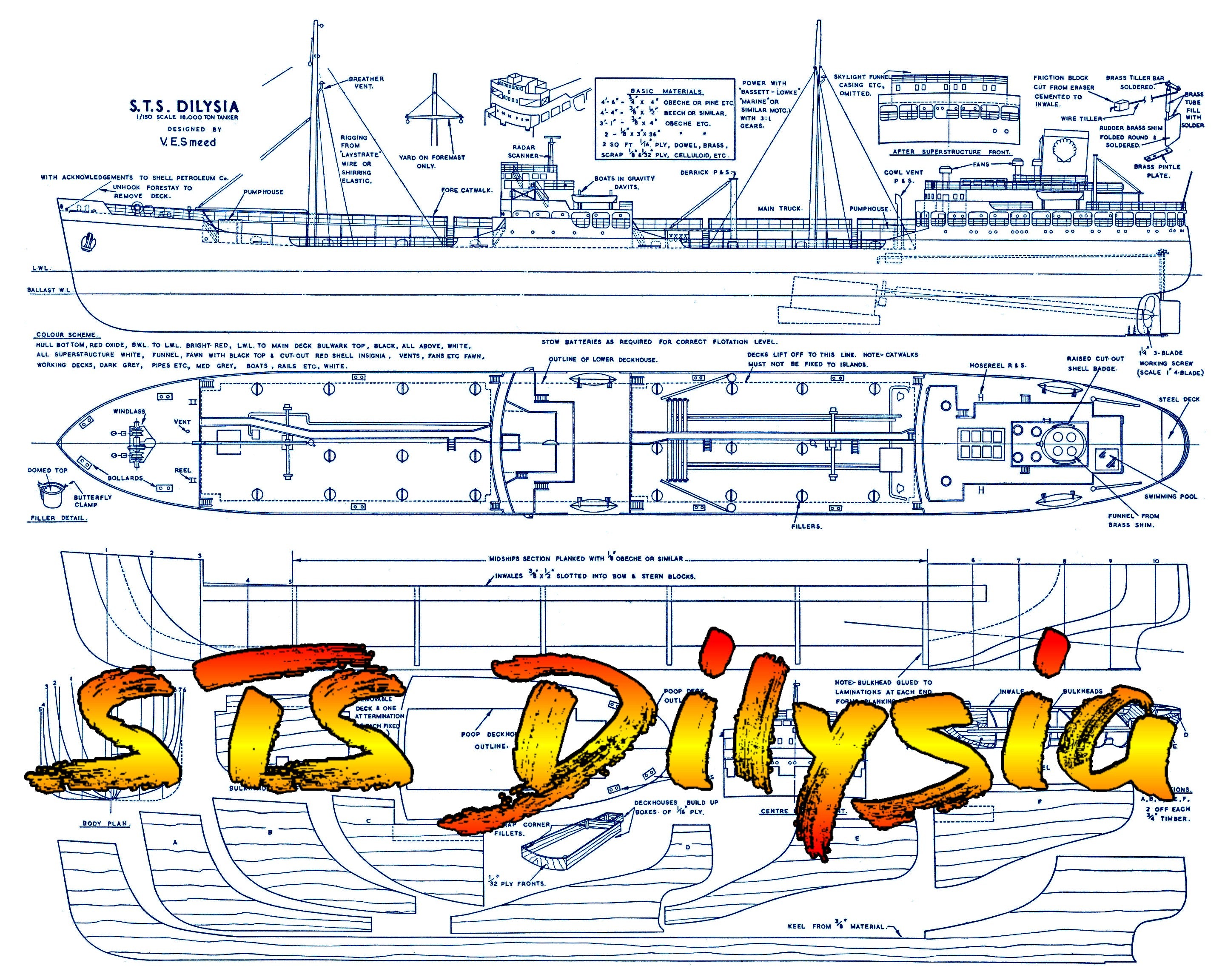 full size printed plan scale 1/150 18000 ton shell oil tanker "sts dilysia" suitable for radio control