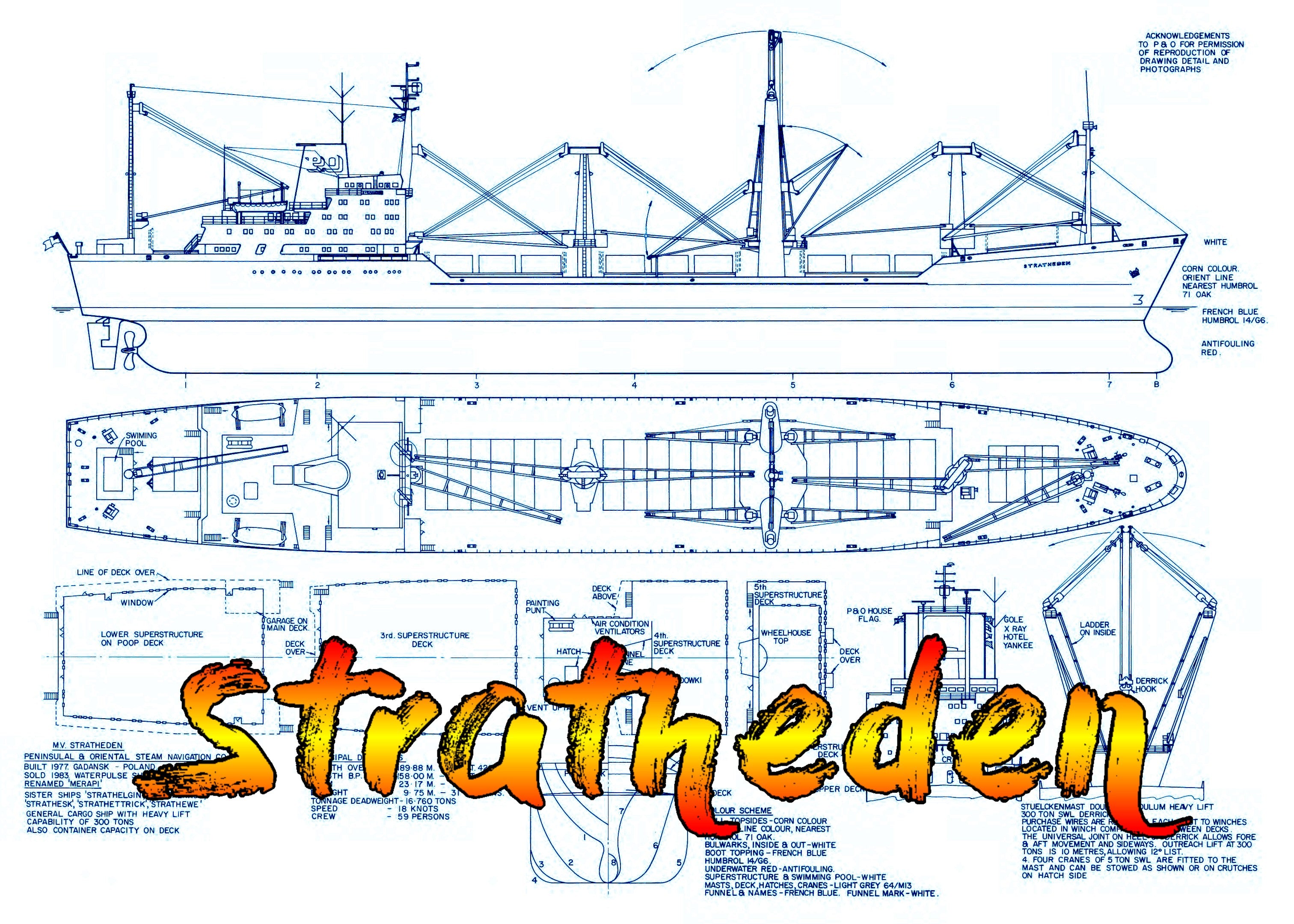 full size printed scale drawing scale 1:192 cargo ship with heavy lifting "stratheden" suitable for radio control
