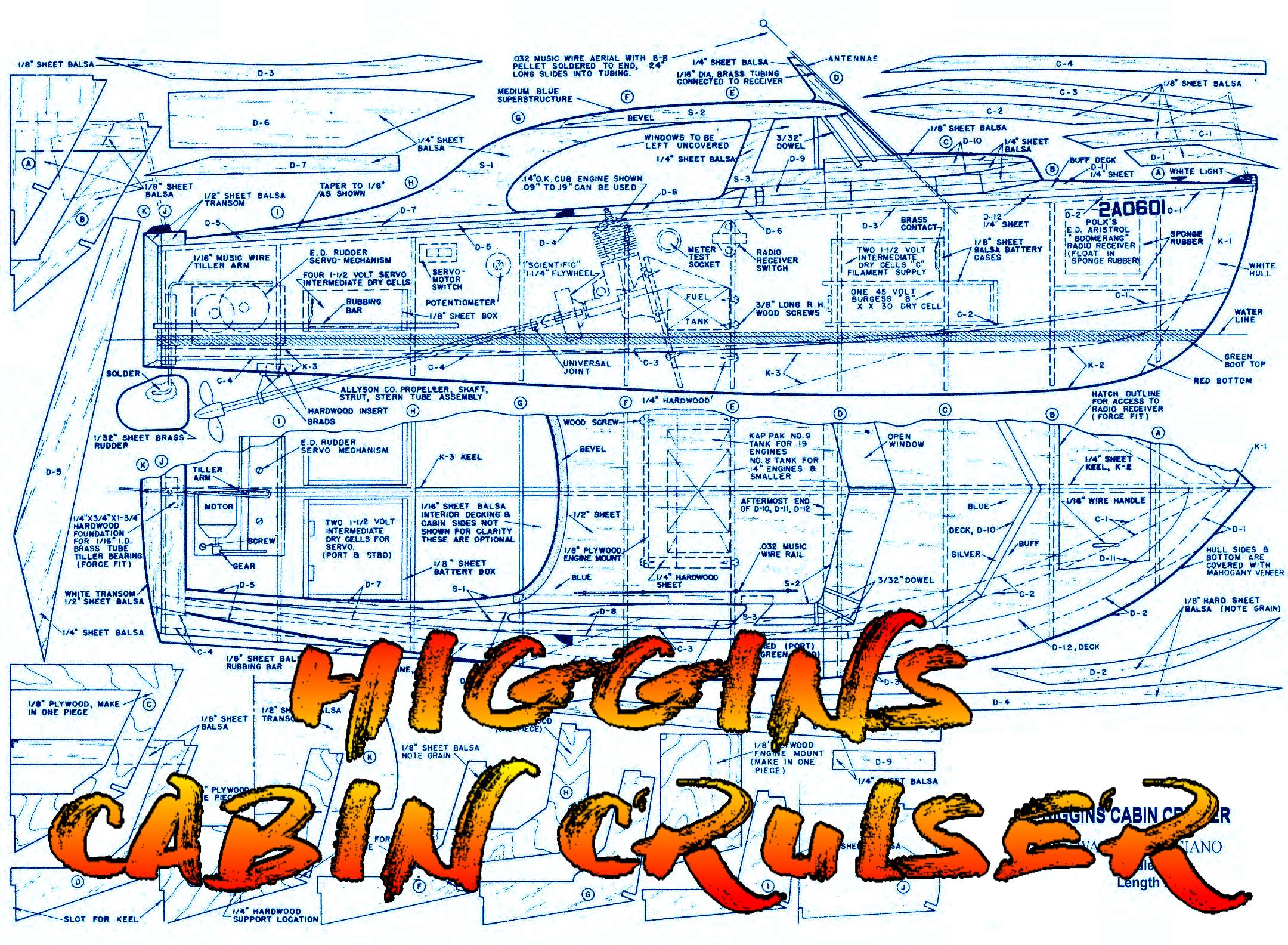 full size printed plans to build a higgins cabin cruiser  26"  scale 1:12  for radio control