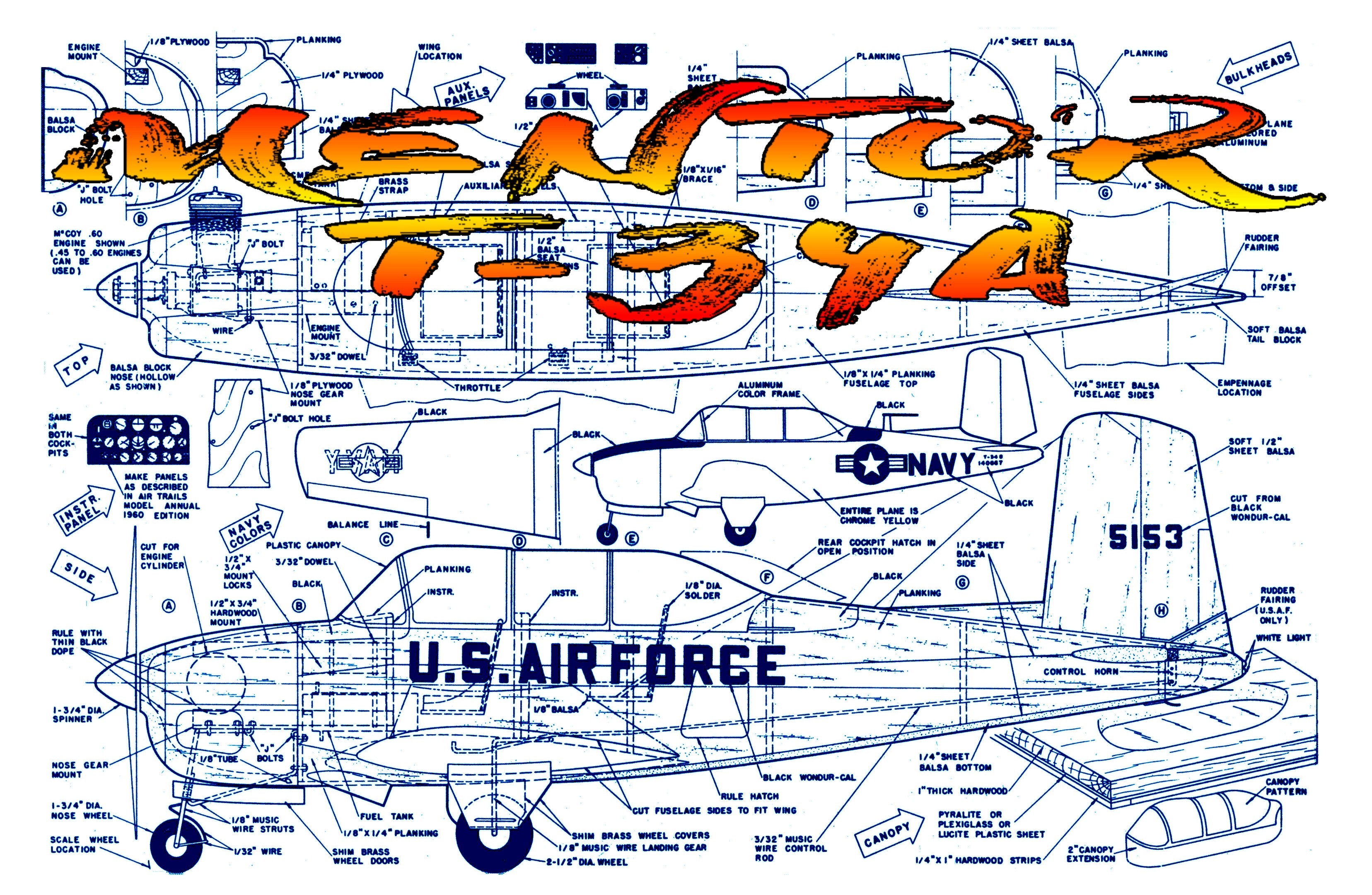 full size printed plans scale !:8 control line "mentor" t-34a plus cockpit details.