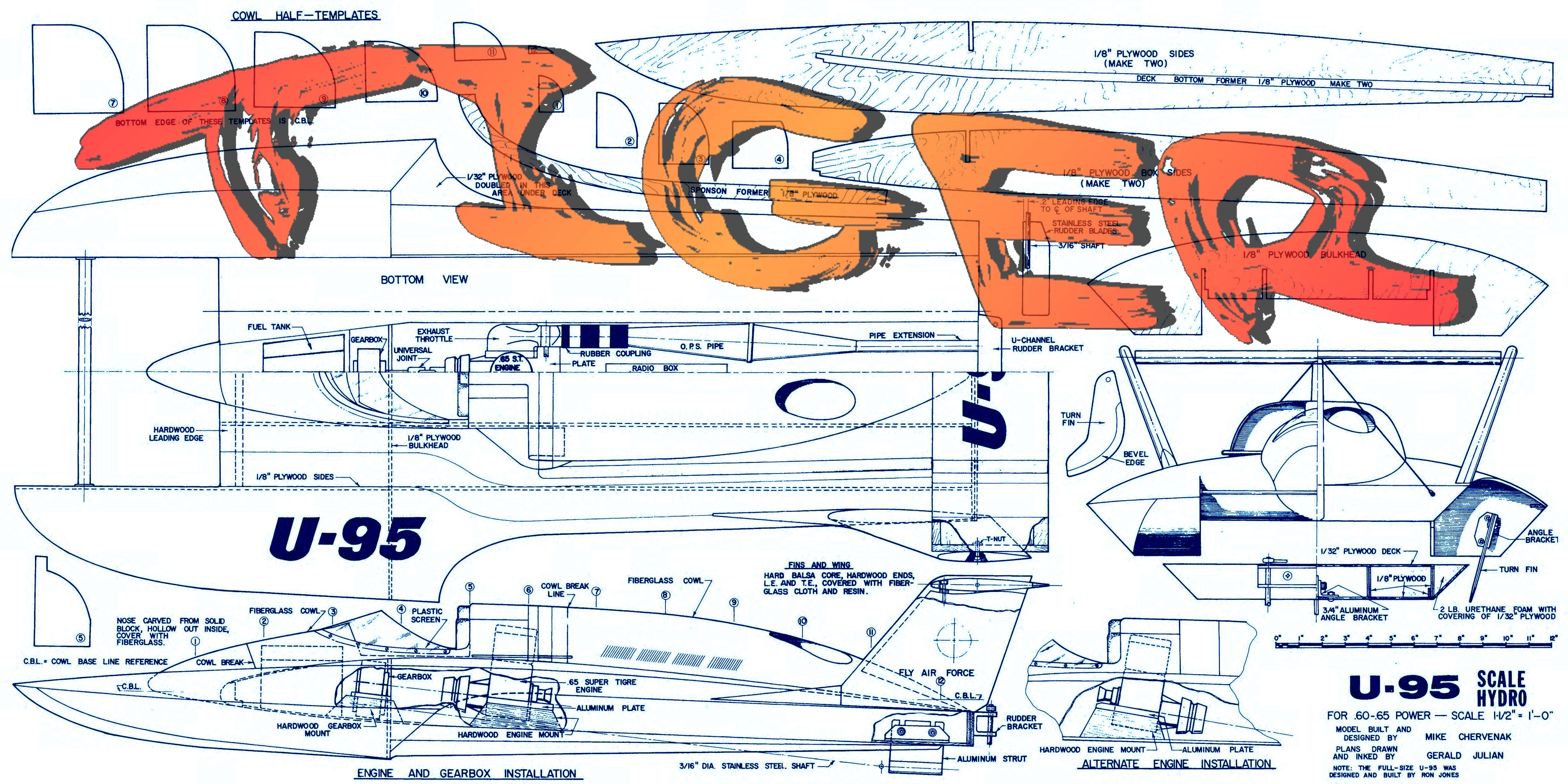 build a scale 1 1/2"=1' for radio control  l 44" tiger hydroplane full size printed plan