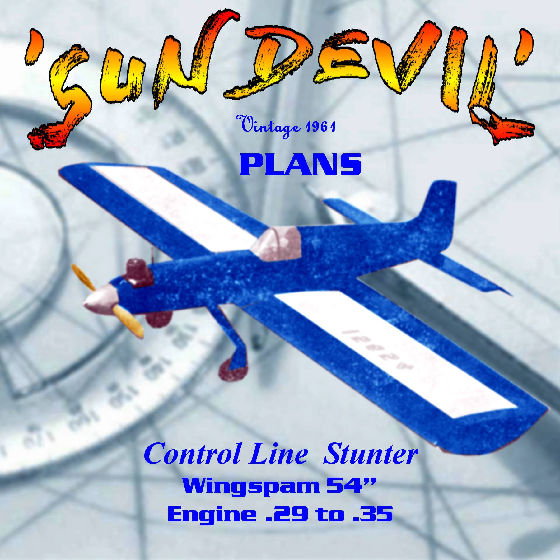 full size printed plans & article old time stunt 1961 control line 54"w/s .34 engine sun devil plans