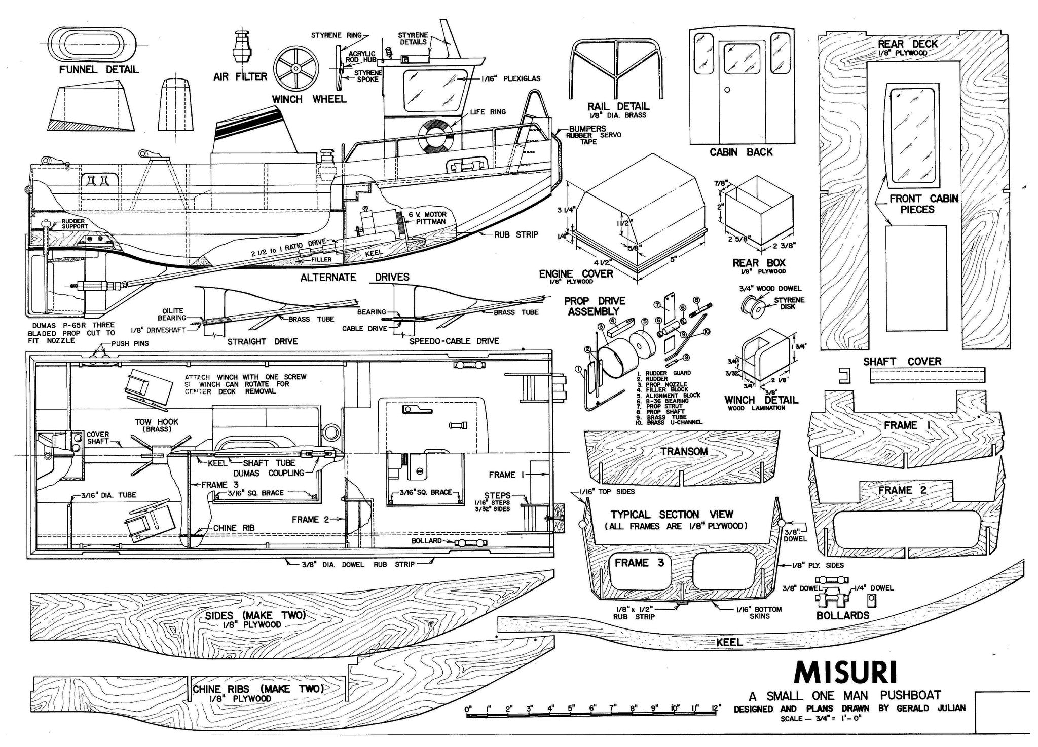 german inland waterways push tug scale 1:16 26" misuri full size printed plans & article for radio control