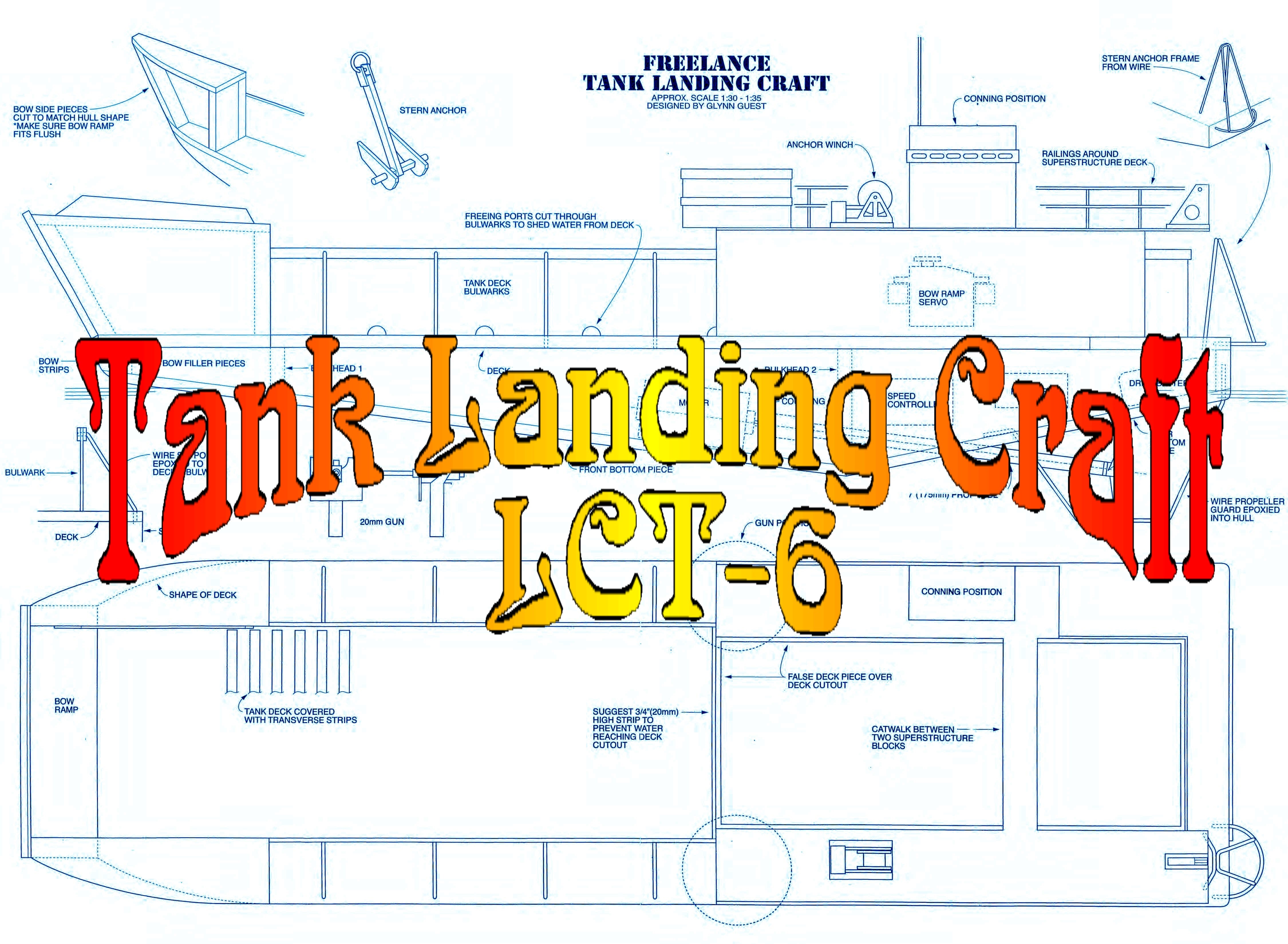 buil a semi scale 1:30- 1:35  ank landing craft lct-6 for radio control full size printed plan