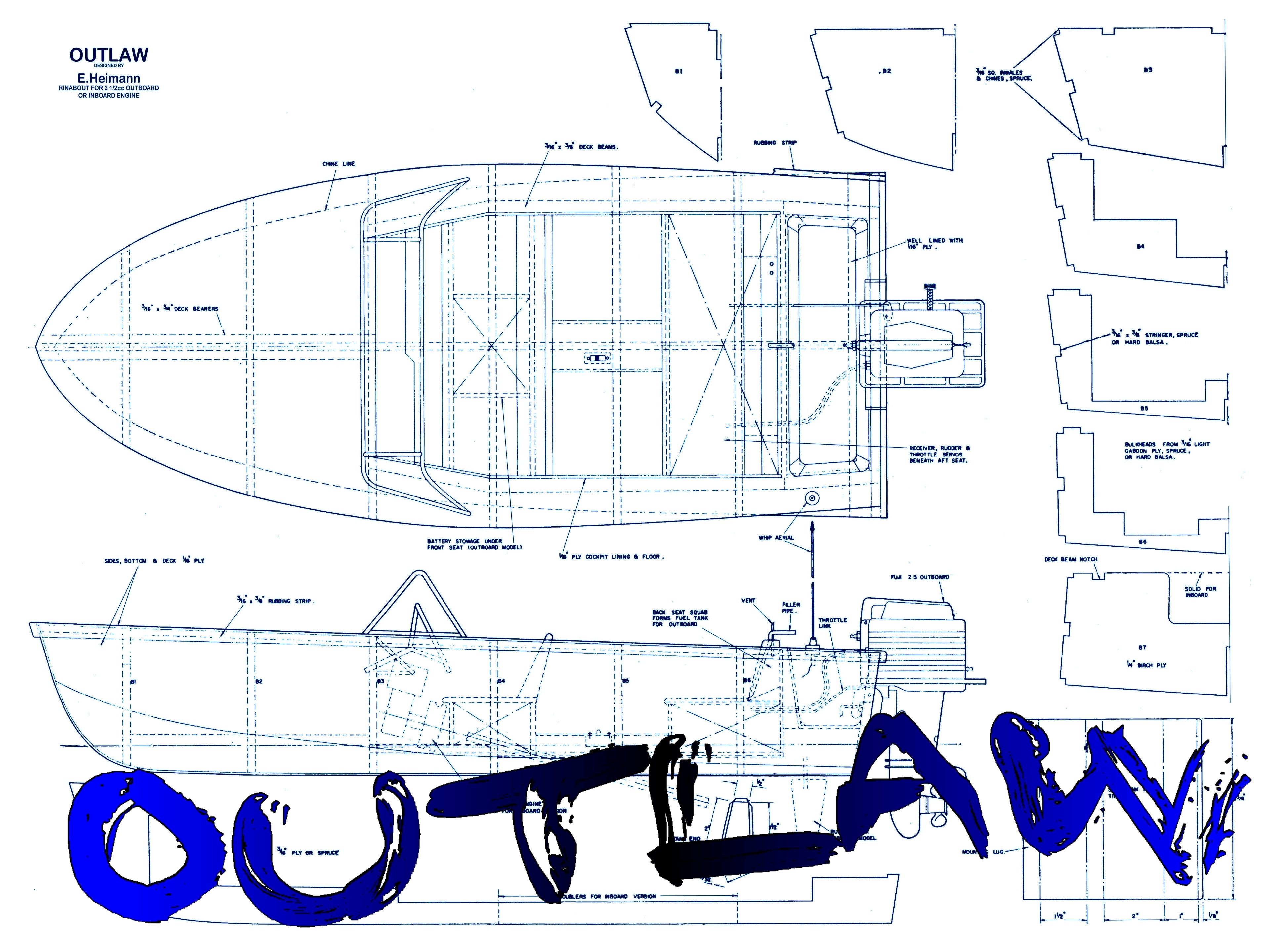 build a gas 0r electric inboard or outboard r//c boat full size printed plans