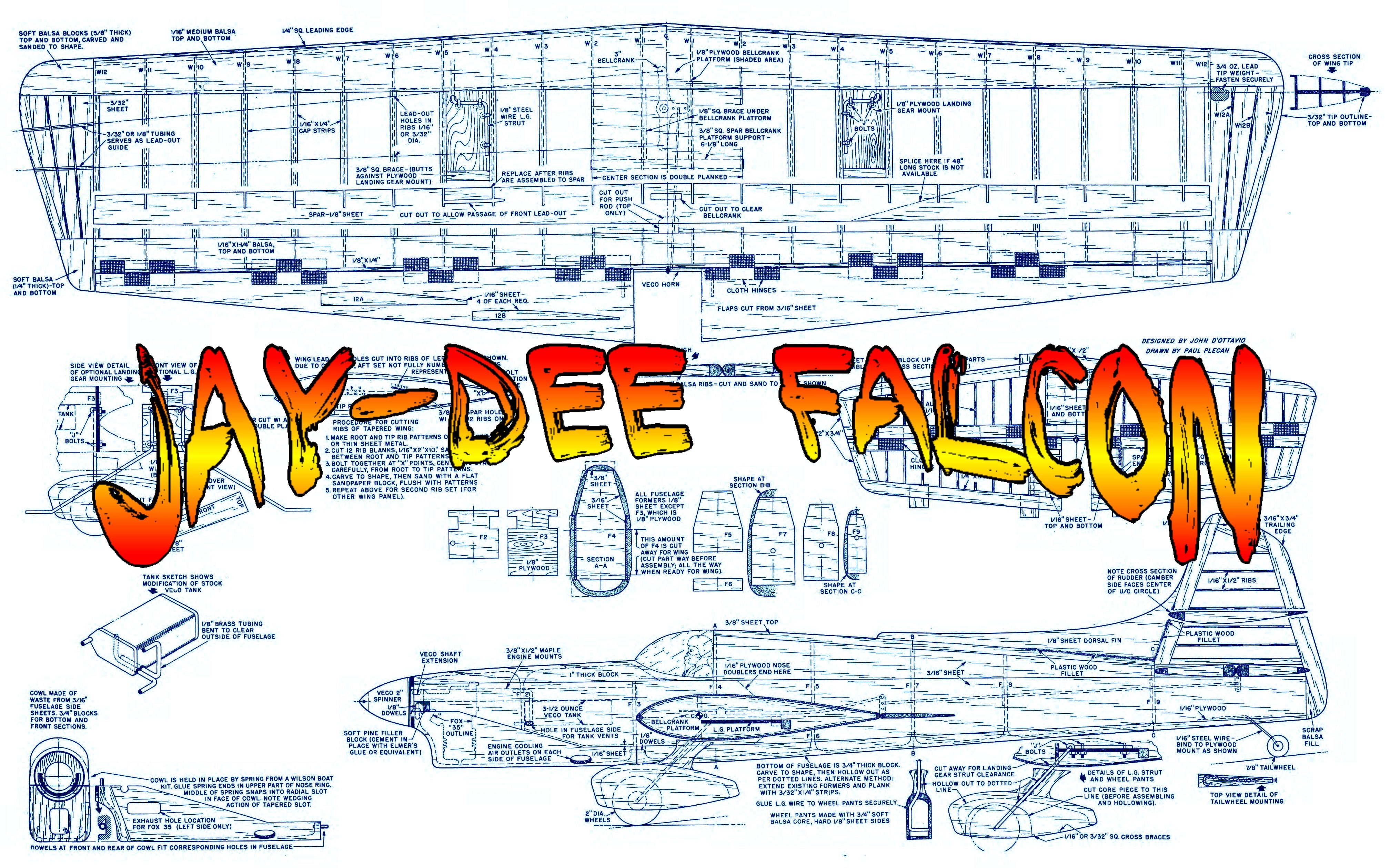 full size printed plan and article 1961 classic stunt wingspan 51” engines .35 "jay dee" falcon