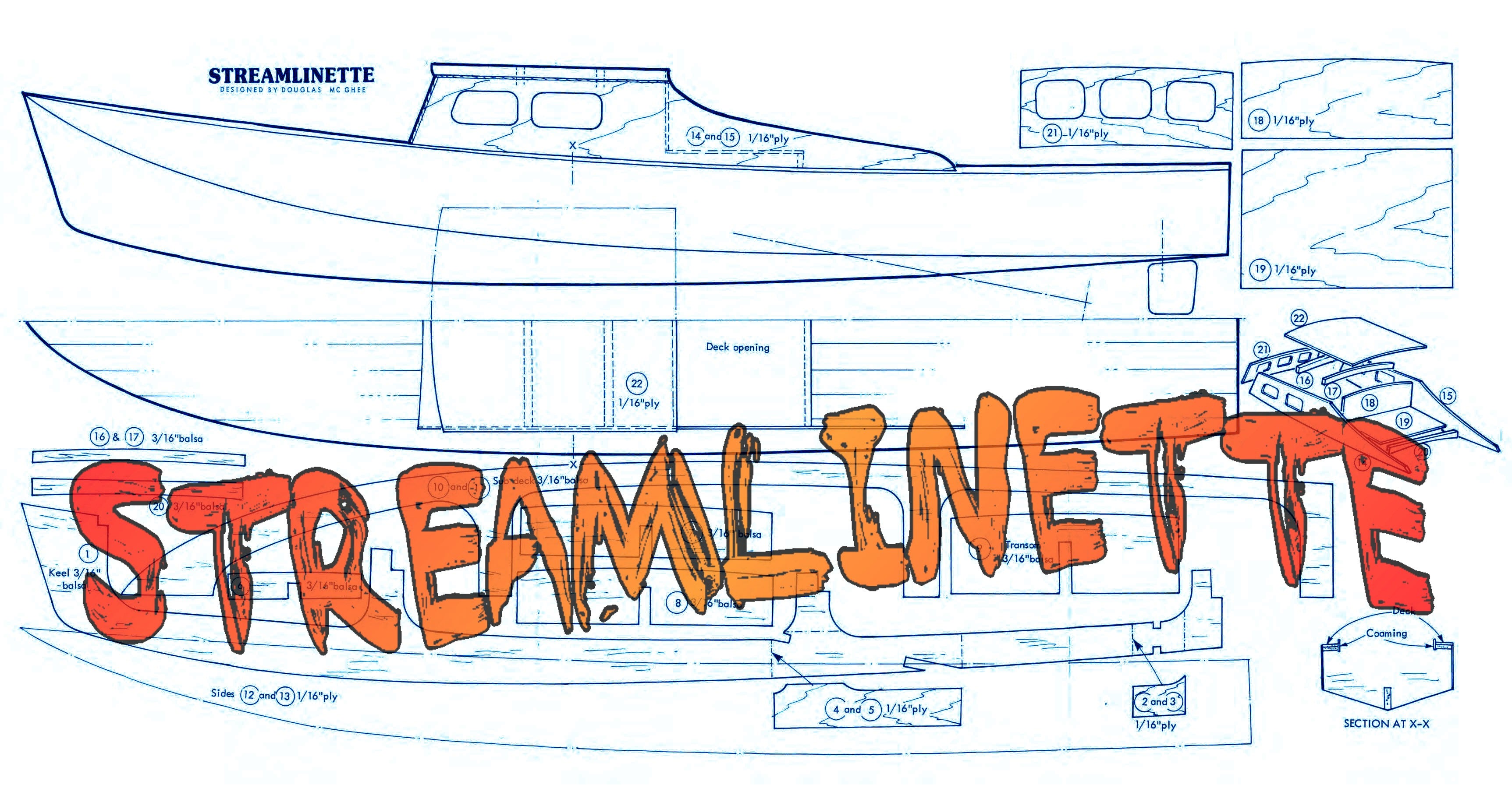 full size printed plans for 18 1/2" model boat streamlinette suitable for small r/c
