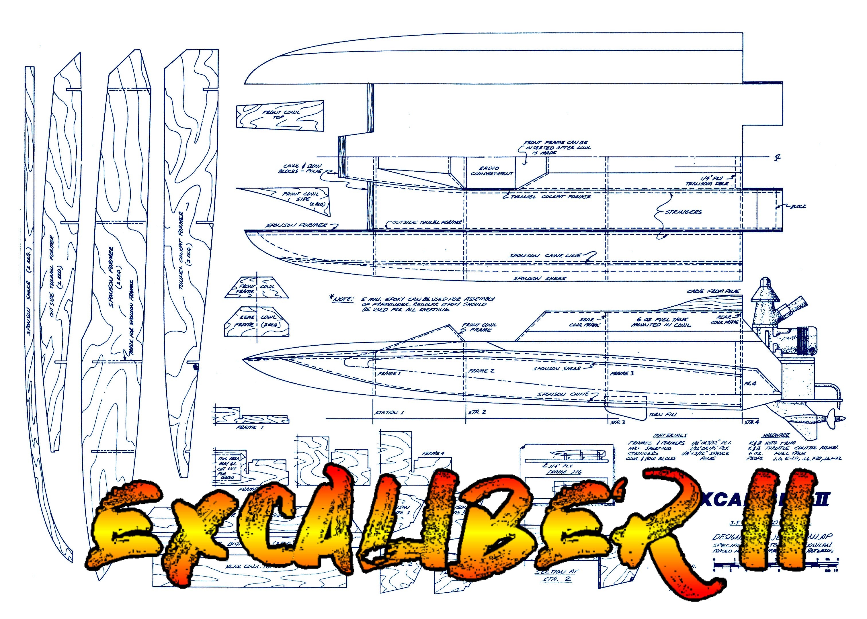 full size printed plan 3.5cc (.21) outboard length 26” tunnel hull excaliber ii for radio control