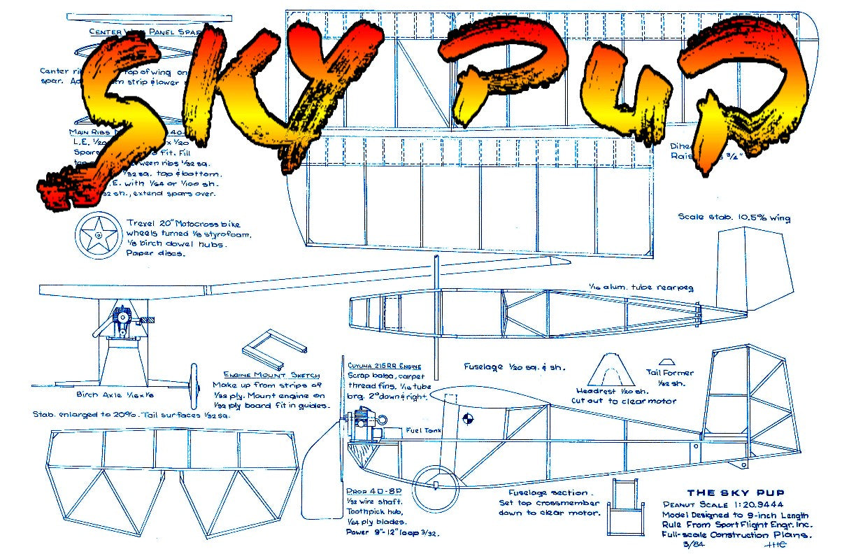 full size printed plans peanut scale "sky pup" . construction is simple, flying superb.