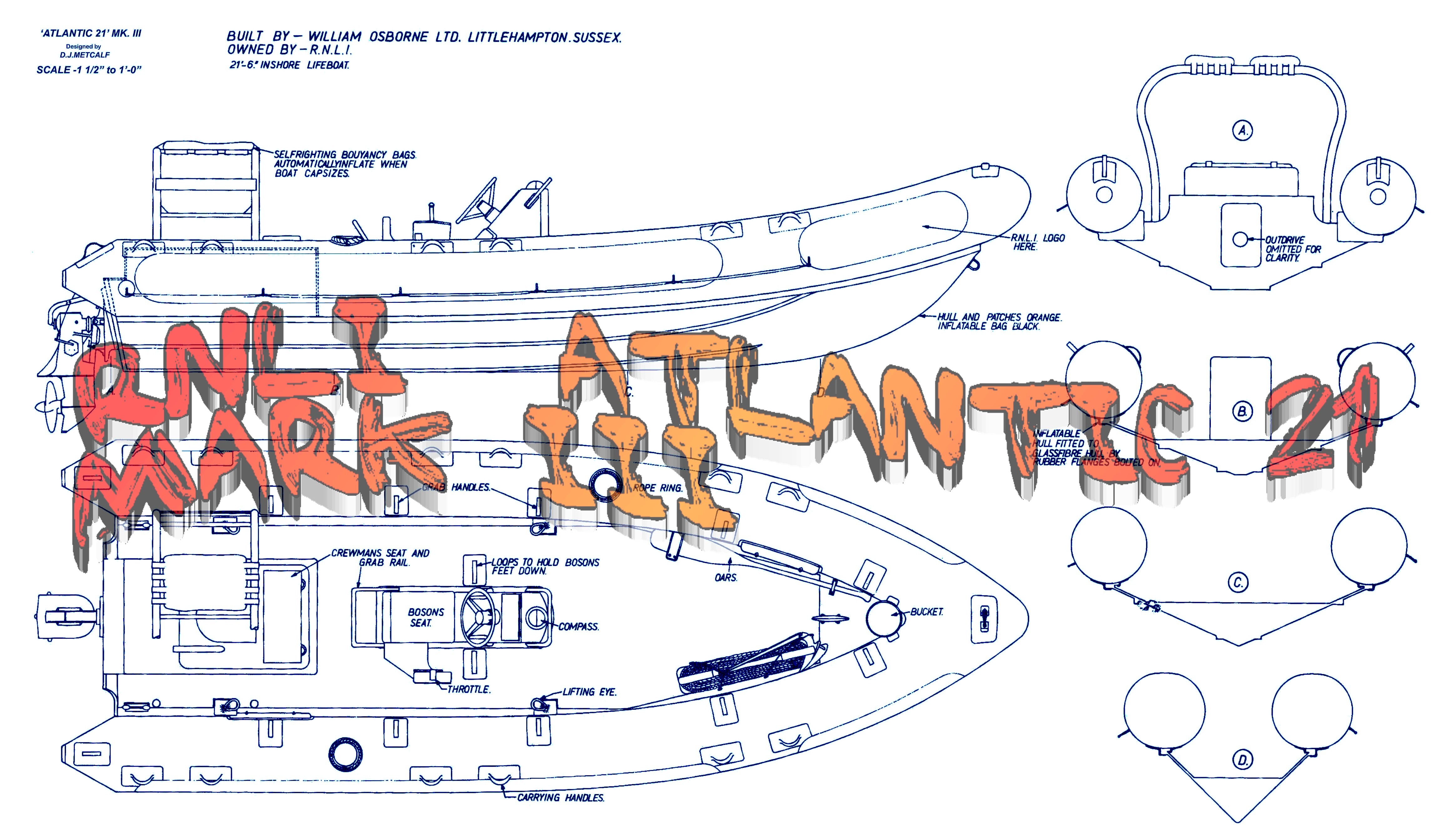 full size printed plans 1:8 scale l32" rnli 21ft 6 in atlantic 21 mark iii for r/c