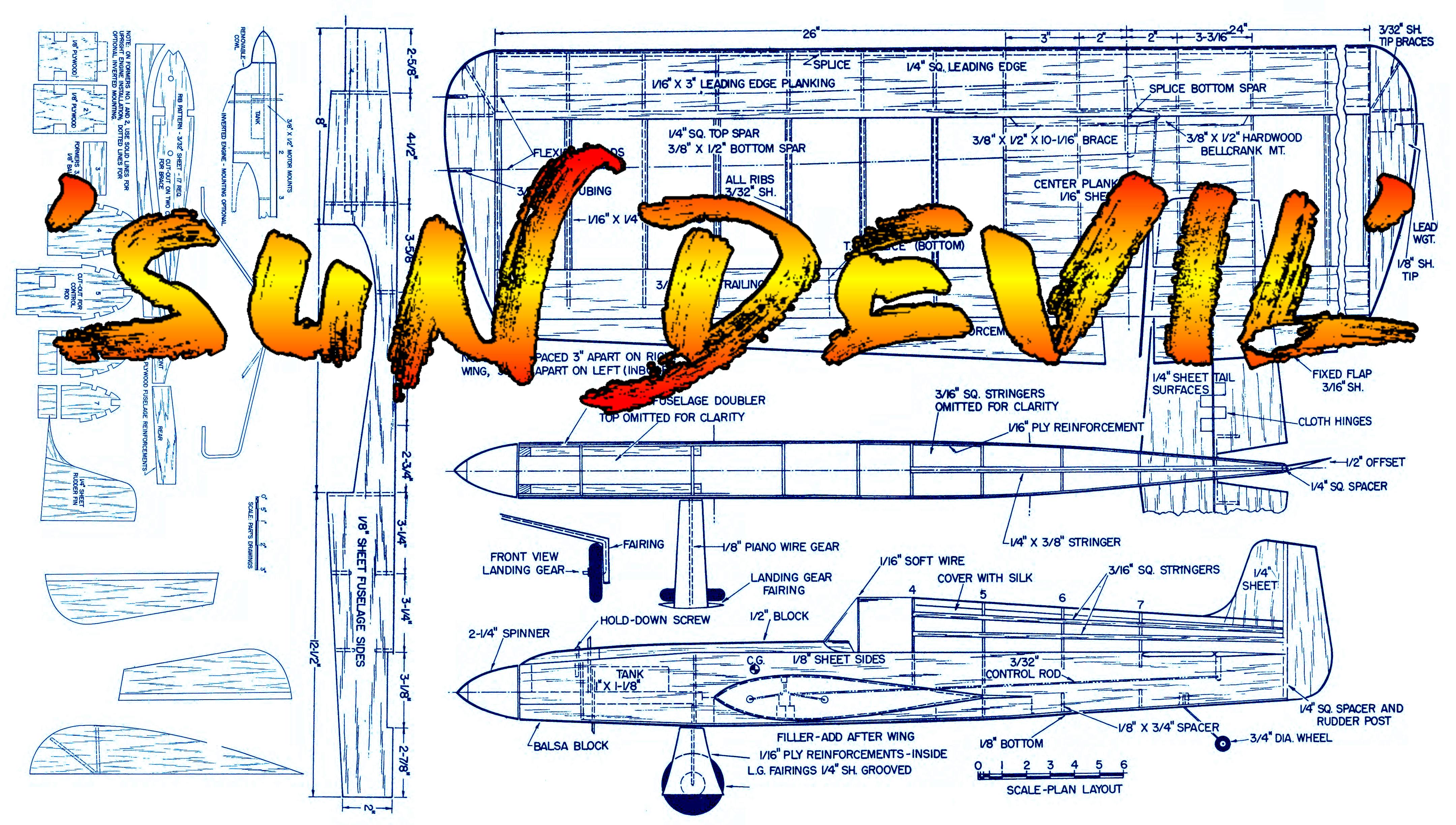 full size printed plans & article old time stunt 1961 control line 54"w/s .34 engine sun devil plans