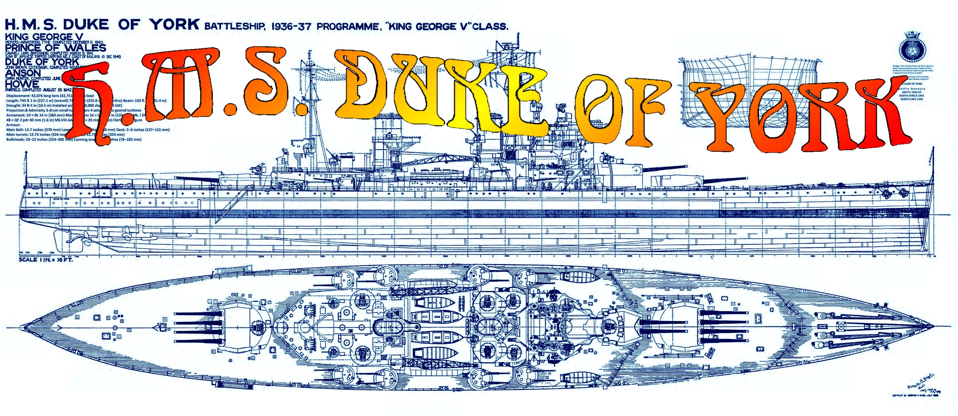 full size printed 1:192 scale drawing  british battleship h.m.s. duke of york with article