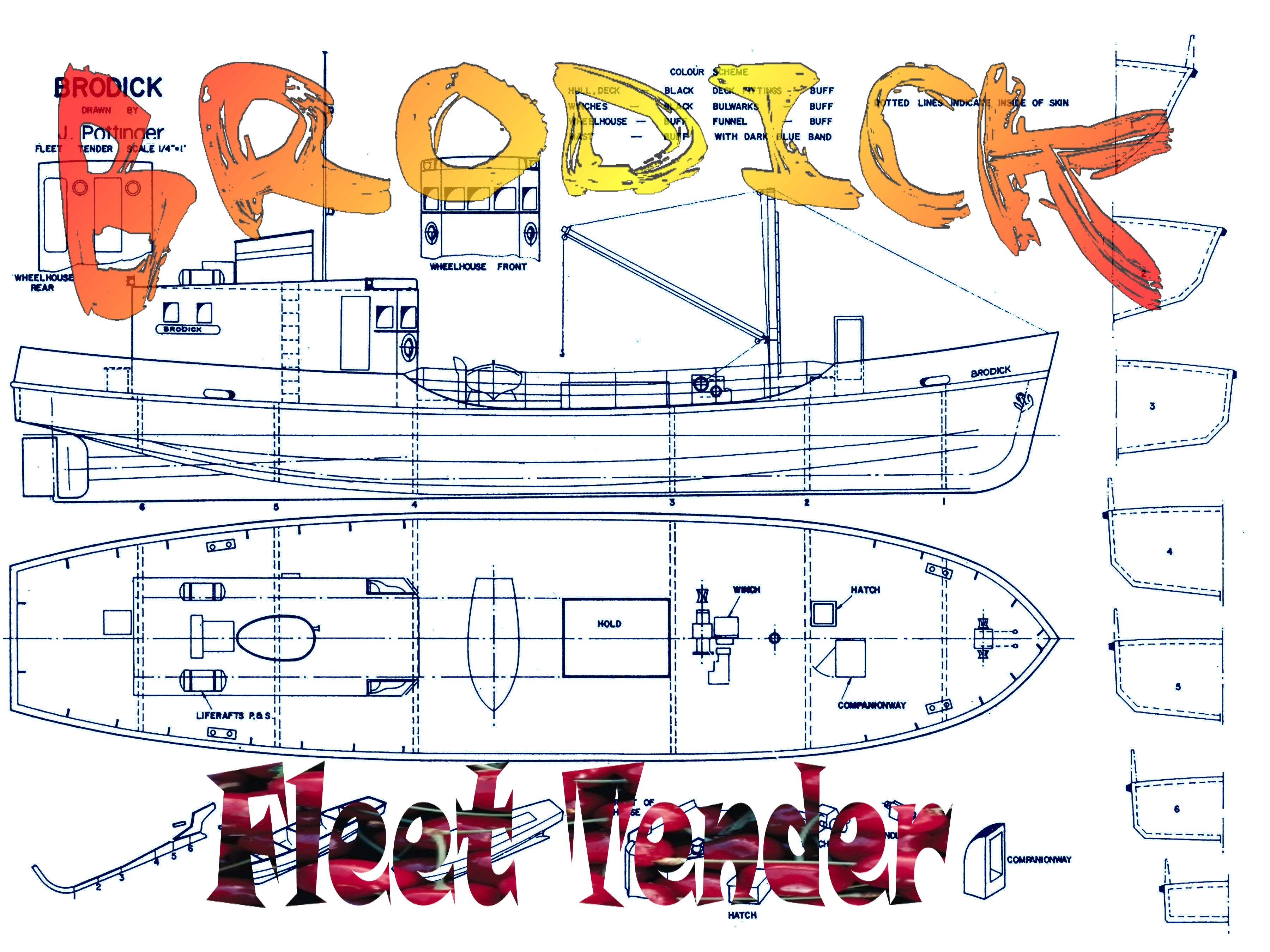 full size printed plans scale 1:48  l 19 13/16" brodick fleet tender suitable for small radio control or display