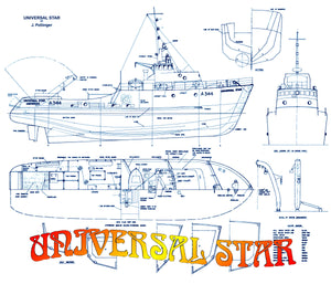 full size printed plan to build a 1:48 scale model of a modern double-chine trawler